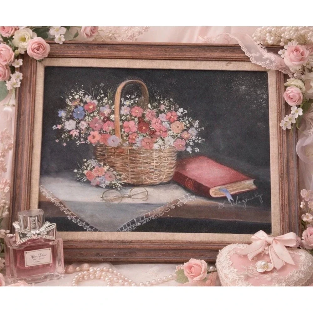 Vintage Still Life Oil Painting Floral Basket Home Decor 16x20 Cottage Dainty